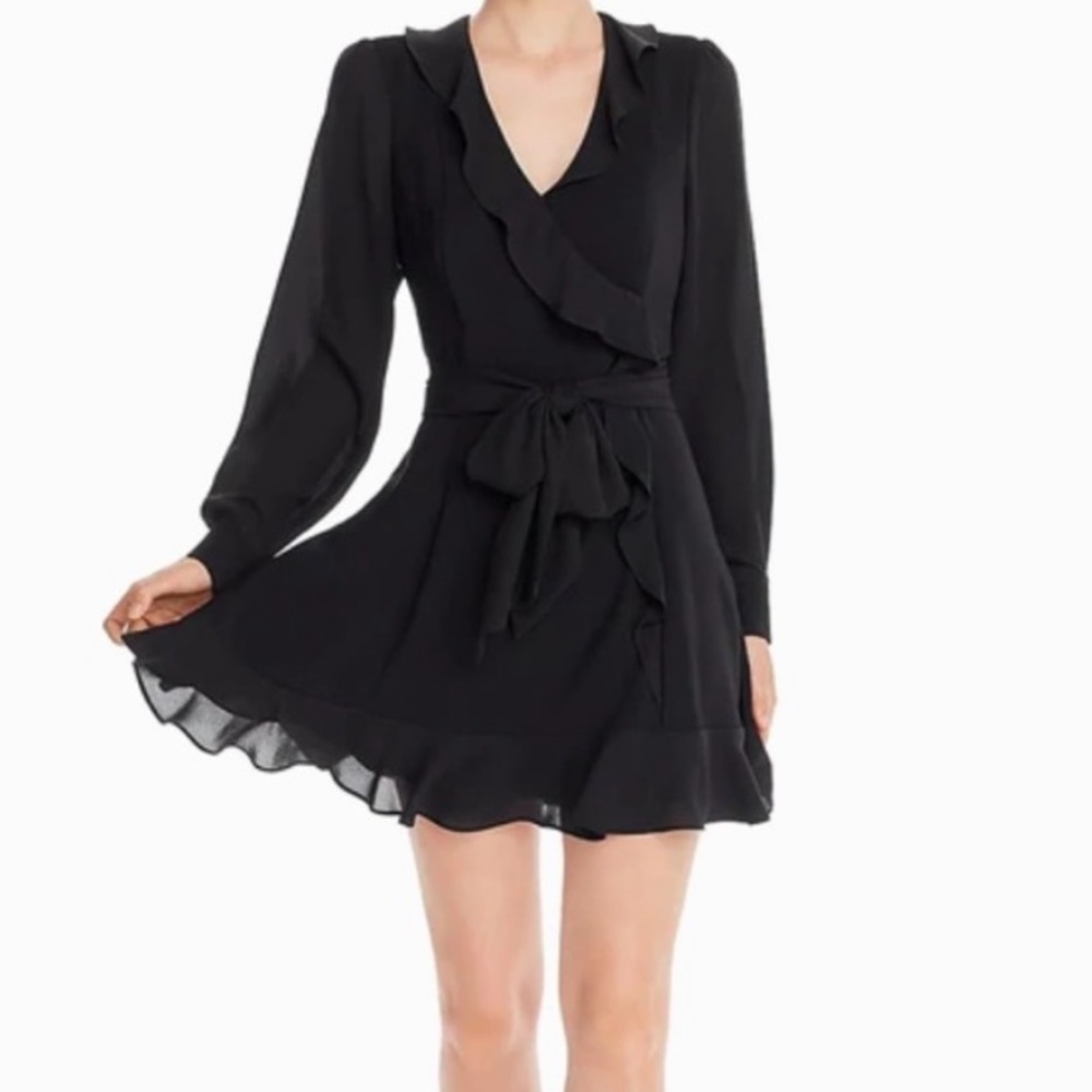 Parker Black SURPLICE TIE FRONT COCKTAIL 🍸 long sleeve Mini DRESS size 2 🏖️ - Picture 2 of 12